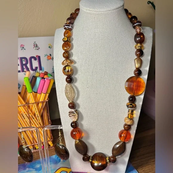 “Sienna Sunset” Artisan Beaded Necklace & Earring Set - Picture 1 of 11